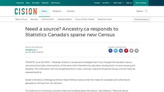 
                            9. CNW | Need a source? Ancestry.ca responds to Statistics Canada's ...