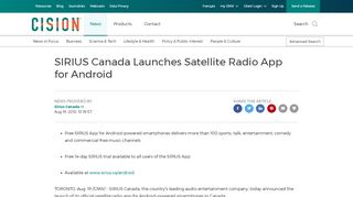 
                            8. CNW | SIRIUS Canada Launches Satellite Radio App for Android