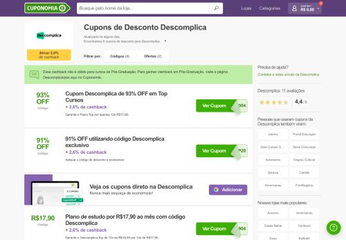 
                            12. Código Promocional Descomplica: até 50% OFF - Cuponomia