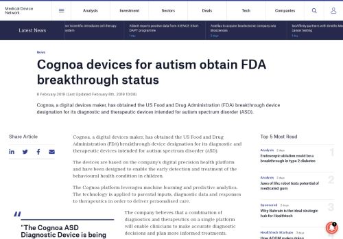 
                            13. Cognoa autism devices obtain FDA breakthrough status