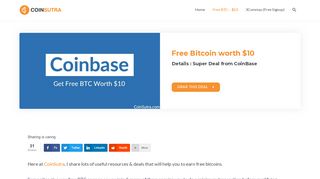 
                            9. Coinbase: Get Free BTC Worth $10 [Promo] - CoinSutra