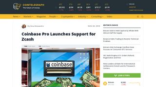 
                            12. Coinbase Pro Launches Support for Zcash | Cointelegraph