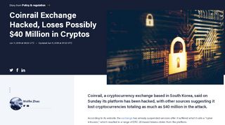 
                            3. Coinrail Exchange Hacked, Loses Possibly $40 Million in ... ...