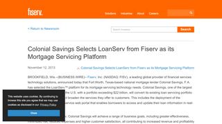 
                            9. Colonial Savings Selects LoanServ from Fiserv as its Mortgage ...