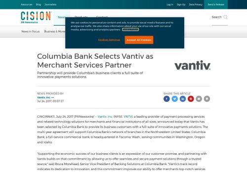 
                            7. Columbia Bank Selects Vantiv as Merchant Services Partner
