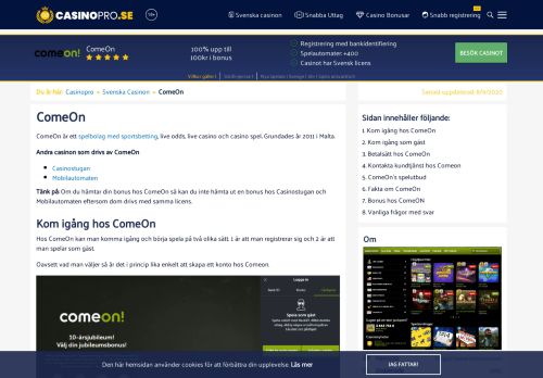 
                            6. Comeon Casino - Casinopro.se ger dig bäst speltips för ComeOn