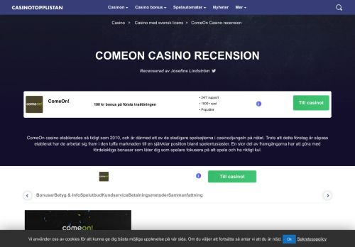 
                            9. ComeOn casino - Få 10 freespins gratis & 400% i välkomstbonus