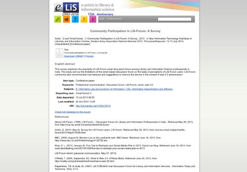 
                            7. Community Participation in LIS-Forum: A Survey - E-LIS repository