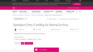 
                            2. Community | Speedport Entry 2 anfällig für WannaCry-Virus | Telekom ...