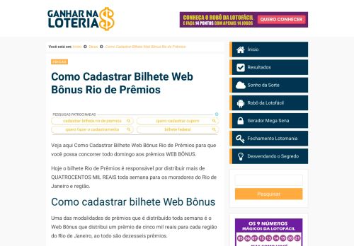 
                            3. Como Cadastrar Bilhete Web Bônus Rio de Prêmios