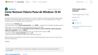 
                            6. Como Remover Palavra Passe do Windows 10 64 bits - Microsoft Community