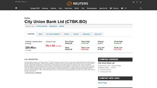 
                            6. Company Profile for City Union Bank Ltd - Reuters India
