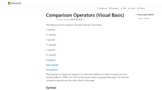 
                            1. Comparison Operators (Visual Basic) | Microsoft Docs