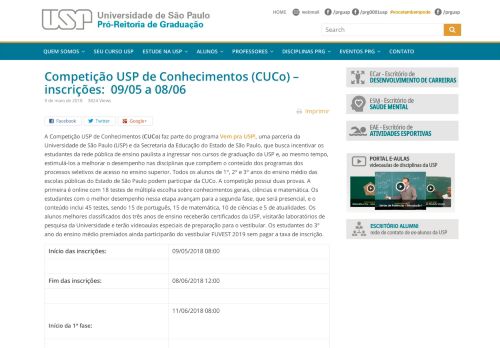 
                            8. Competição USP de Conhecimentos (CUCo) – inscrições: 09/05 a 08 ...