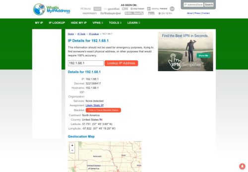 
                            9. Complete IP Address Details for 192.1.68.1 - What Is My IP Address