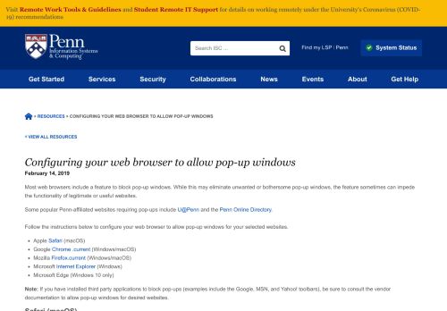 
                            13. Configuring your web browser to allow pop-up windows | UPenn ISC