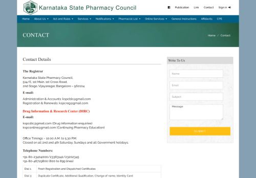 
                            7. Contact - Karnataka State Pharmacy Council