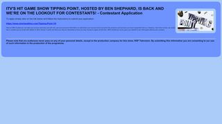 
                            12. Contestant Application for ITV'S HIT GAME SHOW TIPPING POINT ...