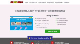 
                            13. Costa Bingo, Login for £5 Free + Welcome Bonus - Fab Free Bingo