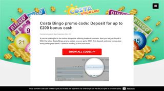 
                            7. Costa Bingo promo code: Deposit £10 and get a £30 bonus cash ...