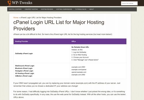 
                            12. cPanel Login URL List for Major Hosting Providers - WP Tweaks