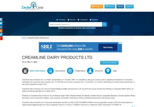 
                            6. CREAMLINE DAIRY PRODUCTS LTD. - Company, directors and ...