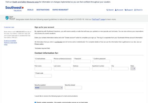 
                            2. Create account - Southwest Vacations - My Account