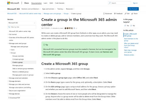 
                            2. Create an Office 365 group in the admin center | Microsoft Docs