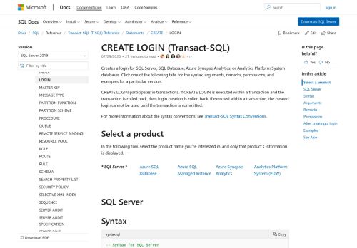 
                            3. CREATE LOGIN (Transact-SQL) - SQL Server | Microsoft Docs