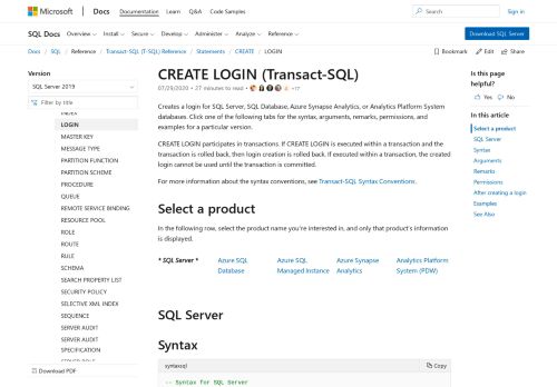 
                            1. CREATE LOGIN (Transact-SQL) - SQL Server | Microsoft ...