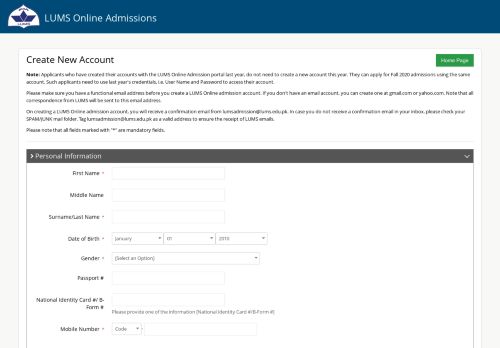 
                            13. Create new account - LUMS Online Admission