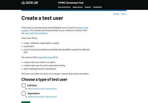 
                            6. Create test user - HMRC Developer Hub - GOV.UK