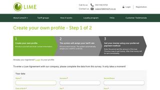 
                            2. Create your own profile - Step 1 of 2 - Lime Loans