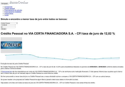 
                            11. Crédito Pessoal no VIA CERTA FINANCIADORA S.A. - CFI taxa de ...