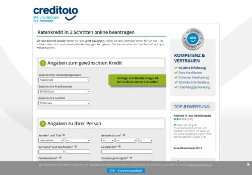 
                            7. creditolo Kreditanfrage: Ratenkredit in 2 Schritten online beantragen.