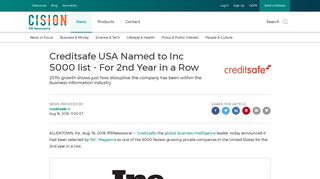 
                            11. Creditsafe USA Named to Inc 5000 list - For 2nd Year in a Row