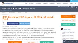 
                            9. CRIS Recruitment 2017: Apply for 54 JSE & JNE posts by Feb 8 ...