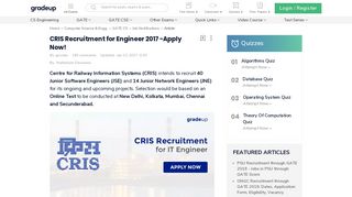 
                            11. CRIS Recruitment for Engineer 2017 -Apply Now! - Gradeup