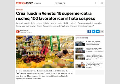 
                            12. Crisi Tuodì in Veneto: 16 supermercati a rischio, 100 lavoratori con il ...