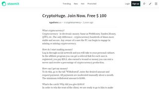 
                            12. CryptoHuge. Join Now. Free $ 100 — Steemit