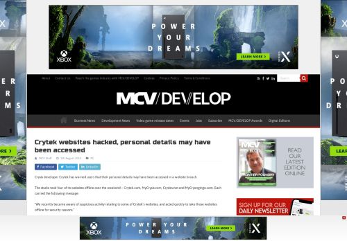
                            13. Crytek websites hacked, personal details may have been accessed ...