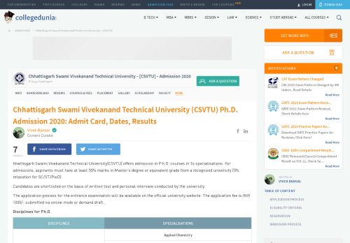 
                            13. CSVTU Ph.D. Admission 2018 - Entrance Test, Notification, Dates