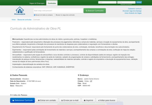 
                            9. Currículo de Administrativo de Obra PL em Embu - SP - Manager ...