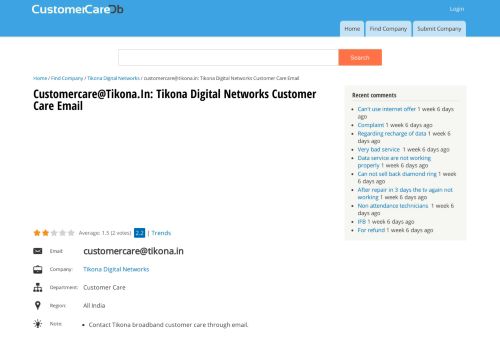 
                            6. customercare@tikona.in: Tikona Digital Networks Customer Care ...