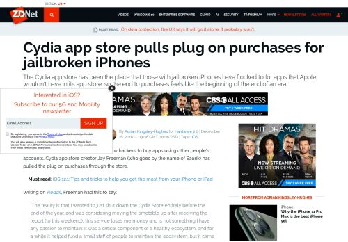 
                            12. Cydia app store pulls plug on purchases for jailbroken iPhones | ZDNet