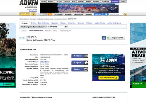 
                            8. Dados da Empresa Celpe - CEPE5 | Ações Bovespa | ADVFN Brasil