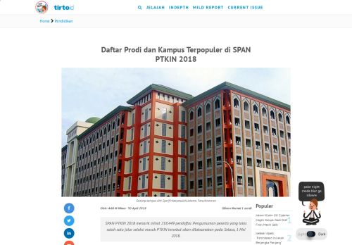 
                            4. Daftar Prodi dan Kampus Terpopuler di SPAN PTKIN 2018 - Tirto.ID