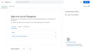 
                            2. Đăng nhập hoặc đăng xuất khỏi Hangouts - Máy tính - Hangouts Trợ ...