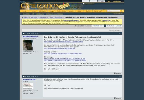 
                            6. Das Ende von Civ4 online :: GameSpy's Server werden abgeschaltet ...