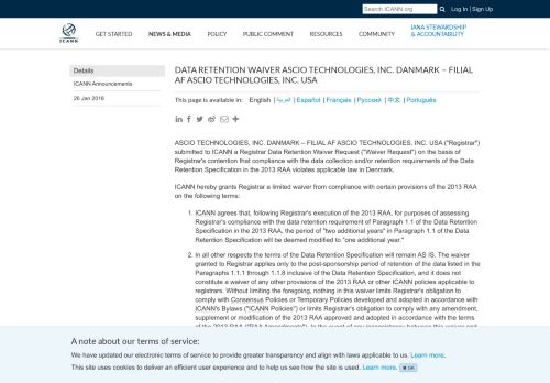
                            13. DATA RETENTION WAIVER ASCIO TECHNOLOGIES, INC ... - icann